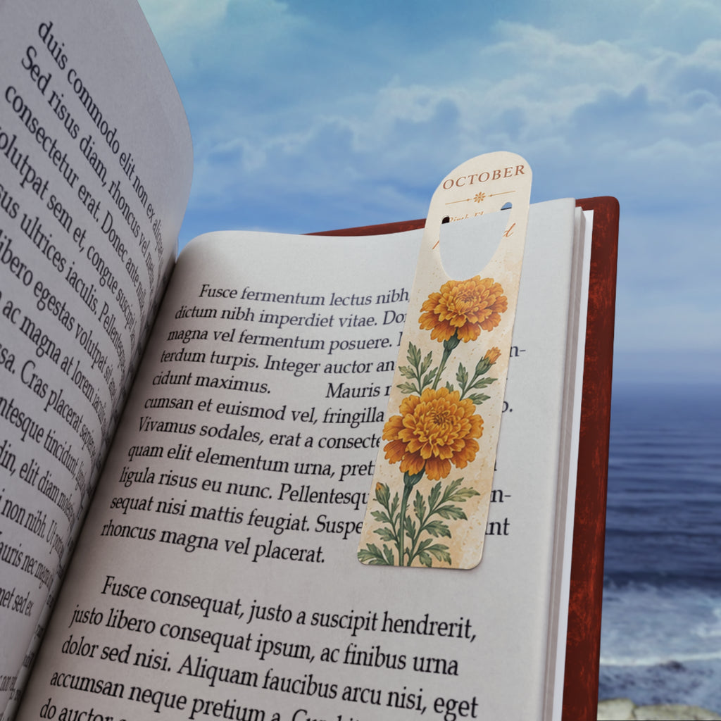 Bookmark (j) - October Marigold  — Floral Birth Month Metal Bookmark