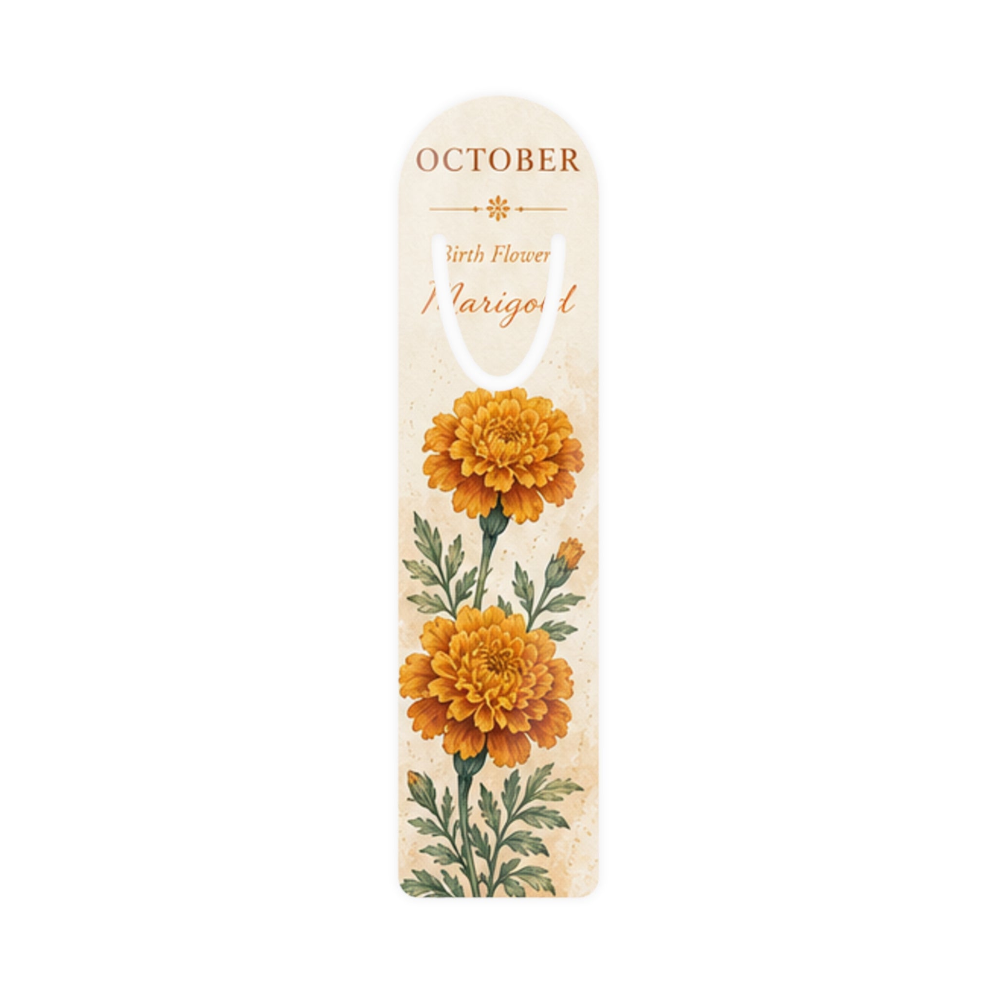 Bookmark (j) - October Marigold  — Floral Birth Month Metal Bookmark
