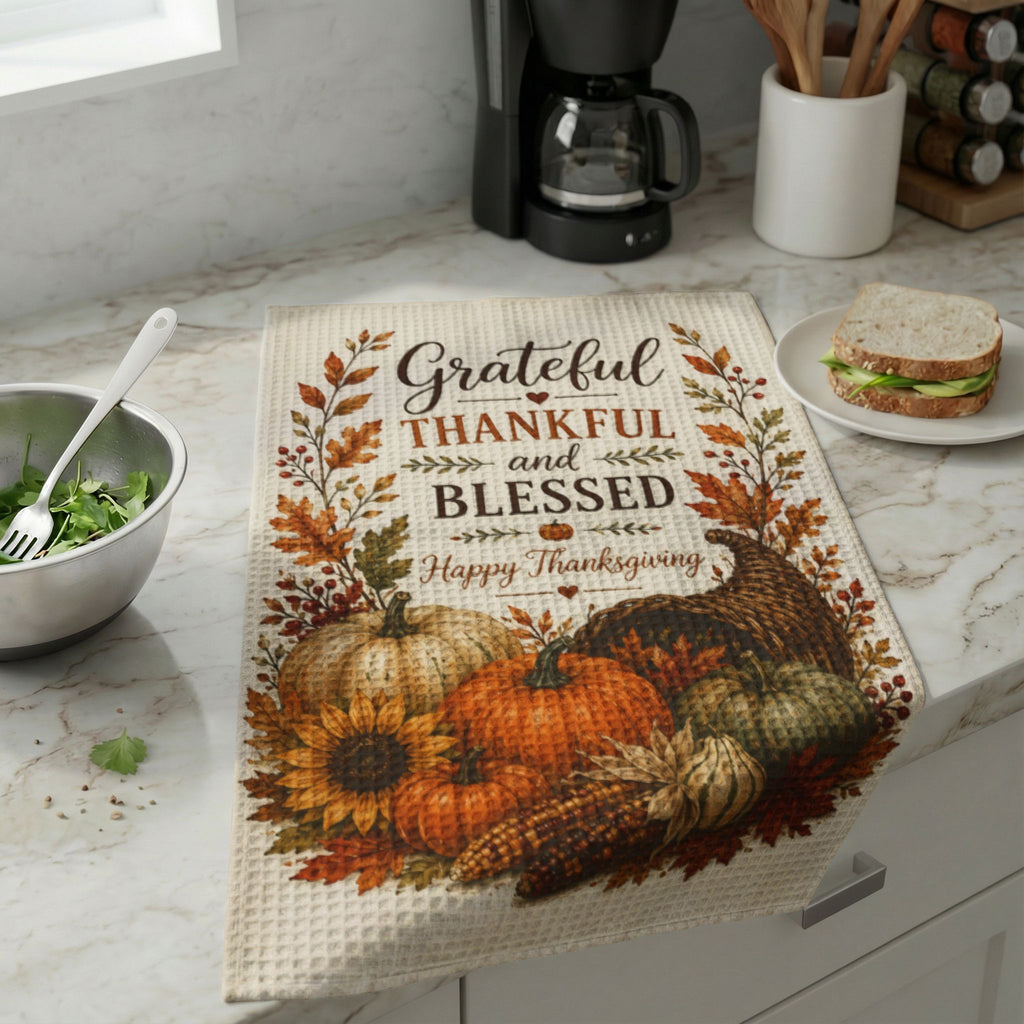 Great Ideas for Special Occasions January - December  - Thanksgiving Waffle Weave Kitchen Towel — "Grateful Thankful and Blessed" Autumn Cornucopia