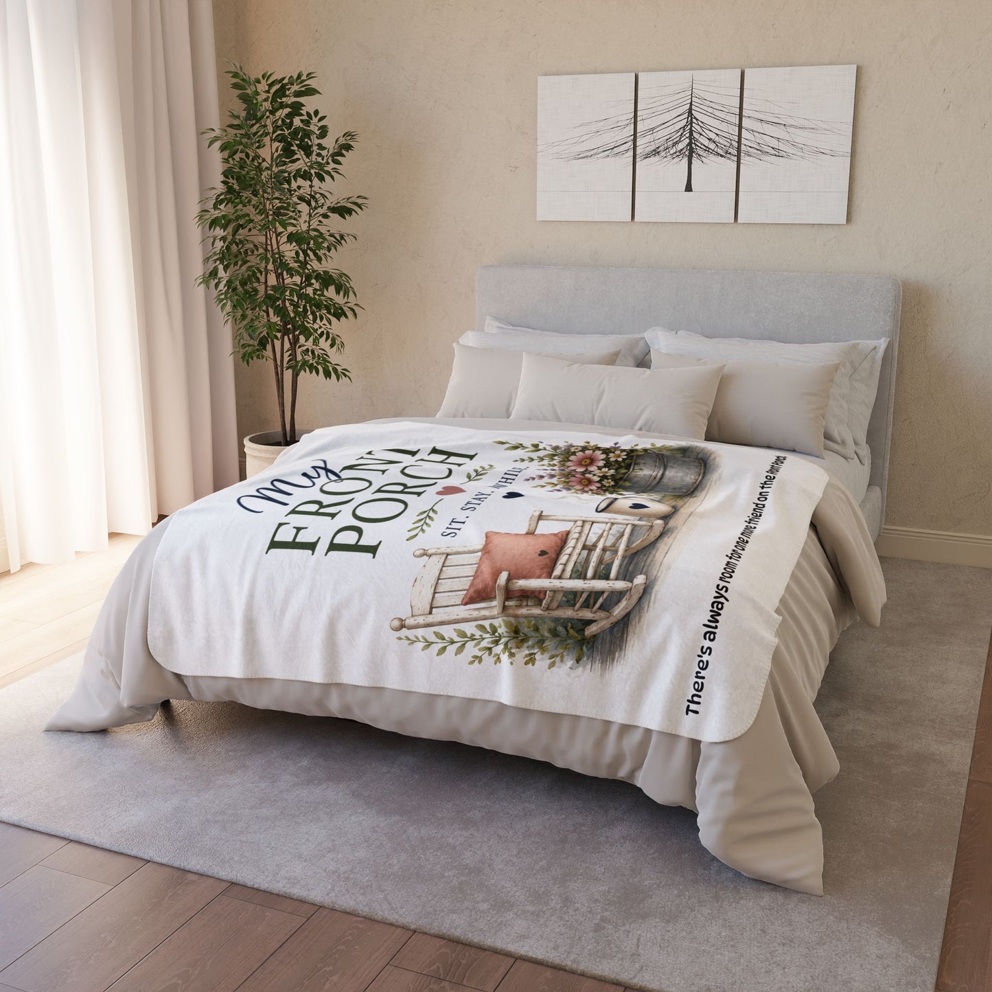 Lori's Front Porch Sherpa Blanket – Cozy Rustic Cottage Fleece Throw with Rocking Chair & Floral Design (“Sit. Stay. Awhile.”)