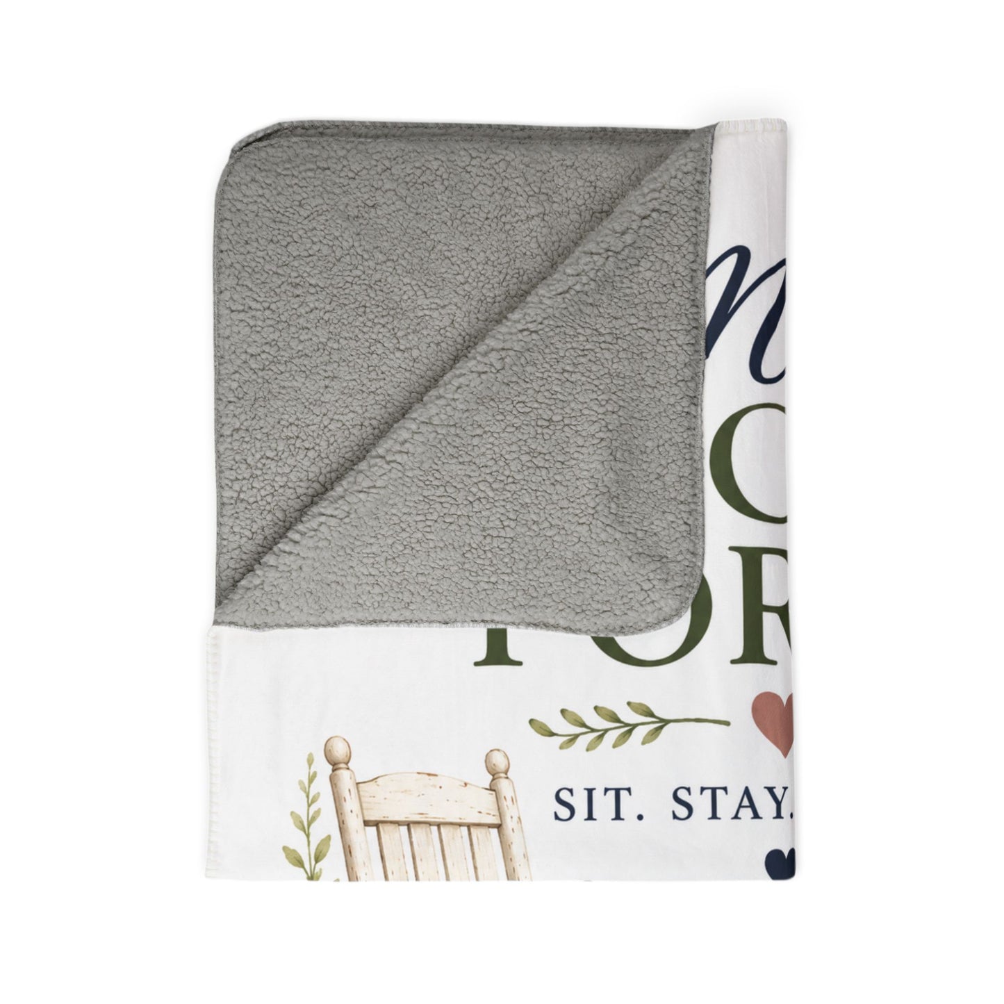 Lori's Front Porch Sherpa Blanket – Cozy Rustic Cottage Fleece Throw with Rocking Chair & Floral Design (“Sit. Stay. Awhile.”)