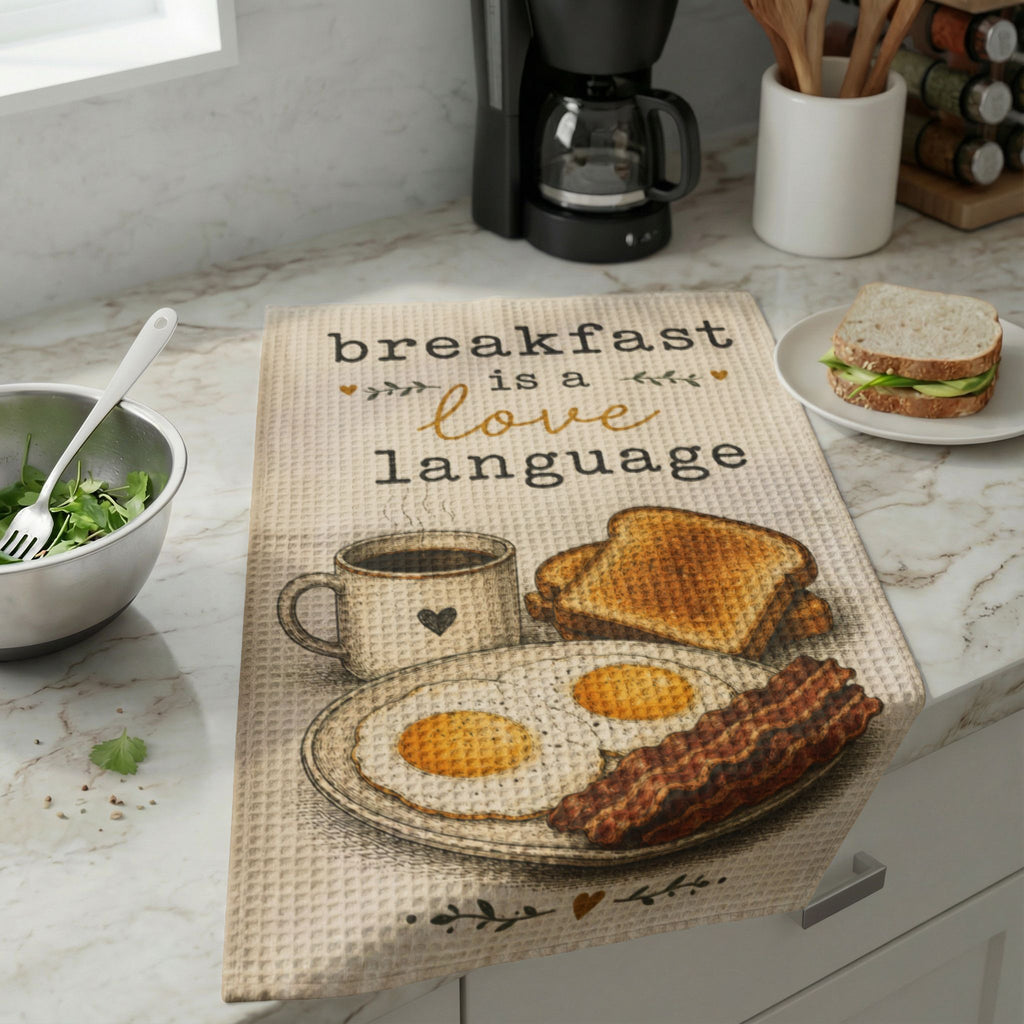 201 Ways to Fix an Egg - "Breakfast is a Love Language" (Eggs, Bacon & Coffee) Waffle Weave Dish Towel