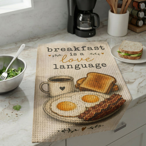 201 Ways to Fix an Egg - "Breakfast is a Love Language" (Eggs, Bacon & Coffee) Waffle Weave Dish Towel