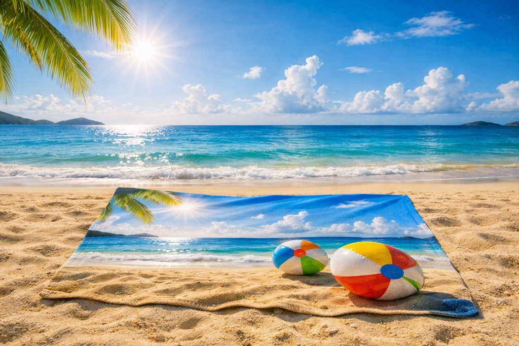 How to Become a House Sitter - Beach Towel - Sunny Tropical Beach with Colorful Beach Balls