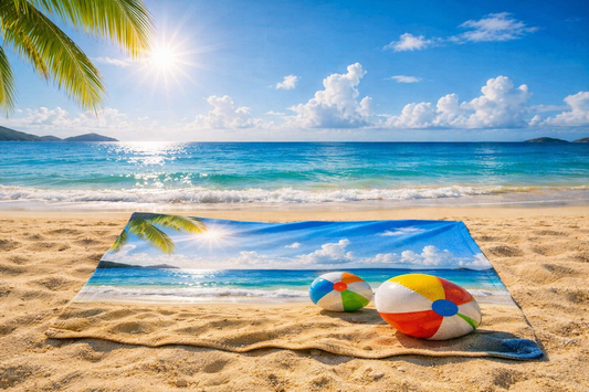 Babysitter Activities - Beach Towel - Sunny Tropical Beach with Colorful Beach Balls