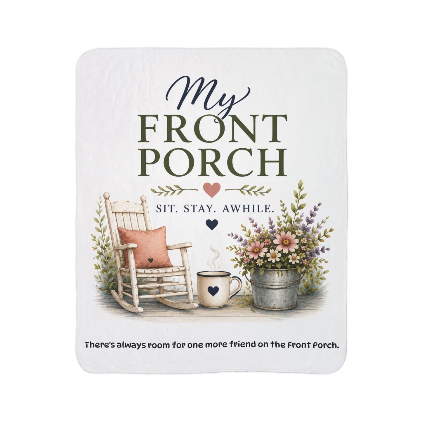 Lori's Front Porch Sherpa Blanket – Cozy Rustic Cottage Fleece Throw with Rocking Chair & Floral Design (“Sit. Stay. Awhile.”)