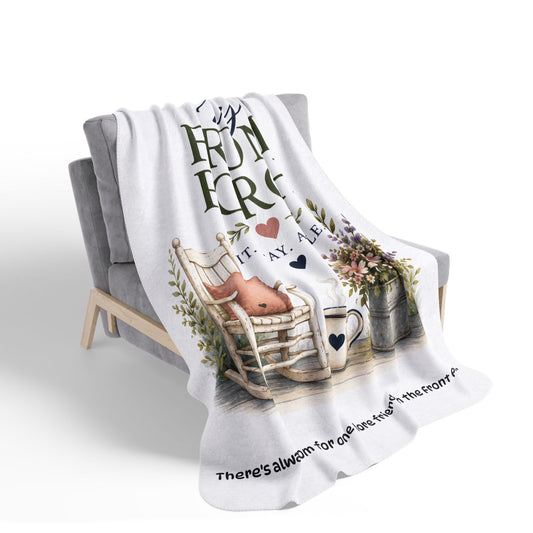 Lori's Front Porch Sherpa Blanket – Cozy Rustic Cottage Fleece Throw with Rocking Chair & Floral Design (“Sit. Stay. Awhile.”)