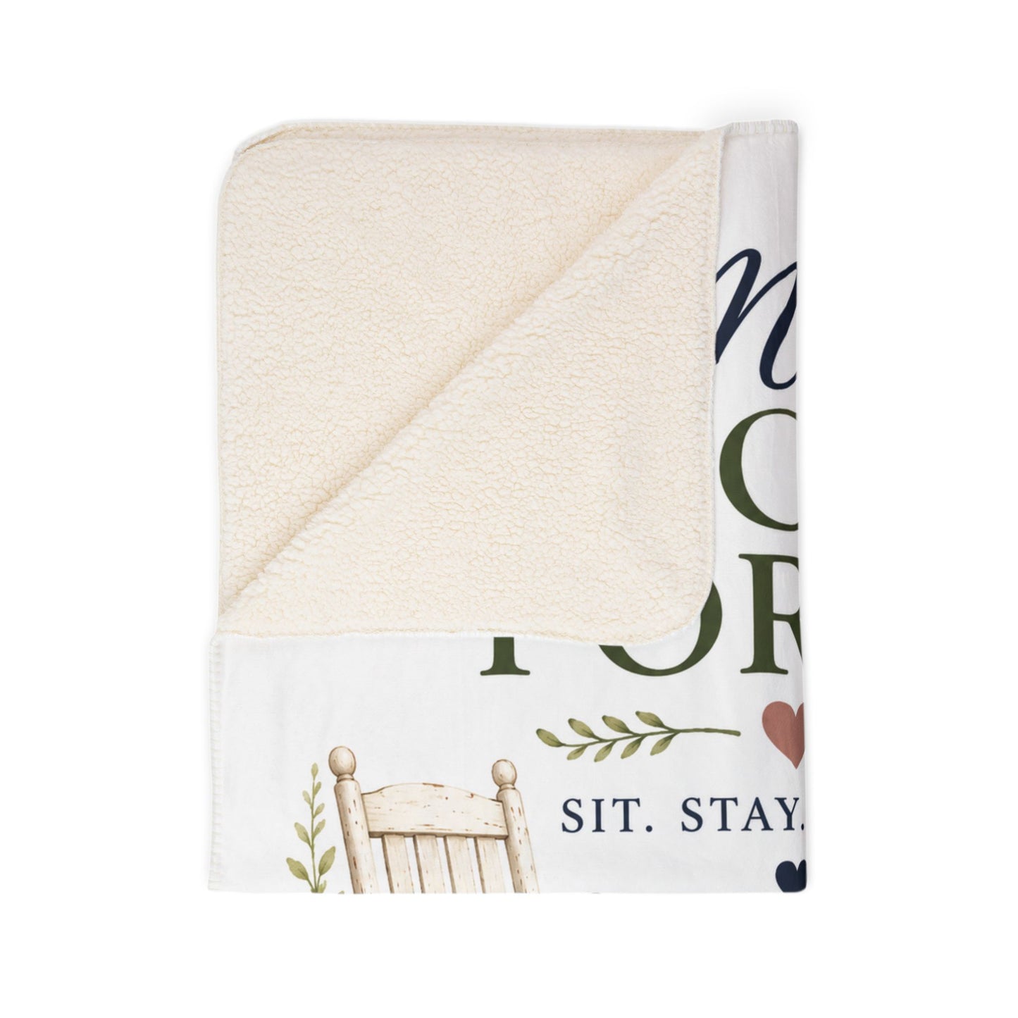 Lori's Front Porch Sherpa Blanket – Cozy Rustic Cottage Fleece Throw with Rocking Chair & Floral Design (“Sit. Stay. Awhile.”)