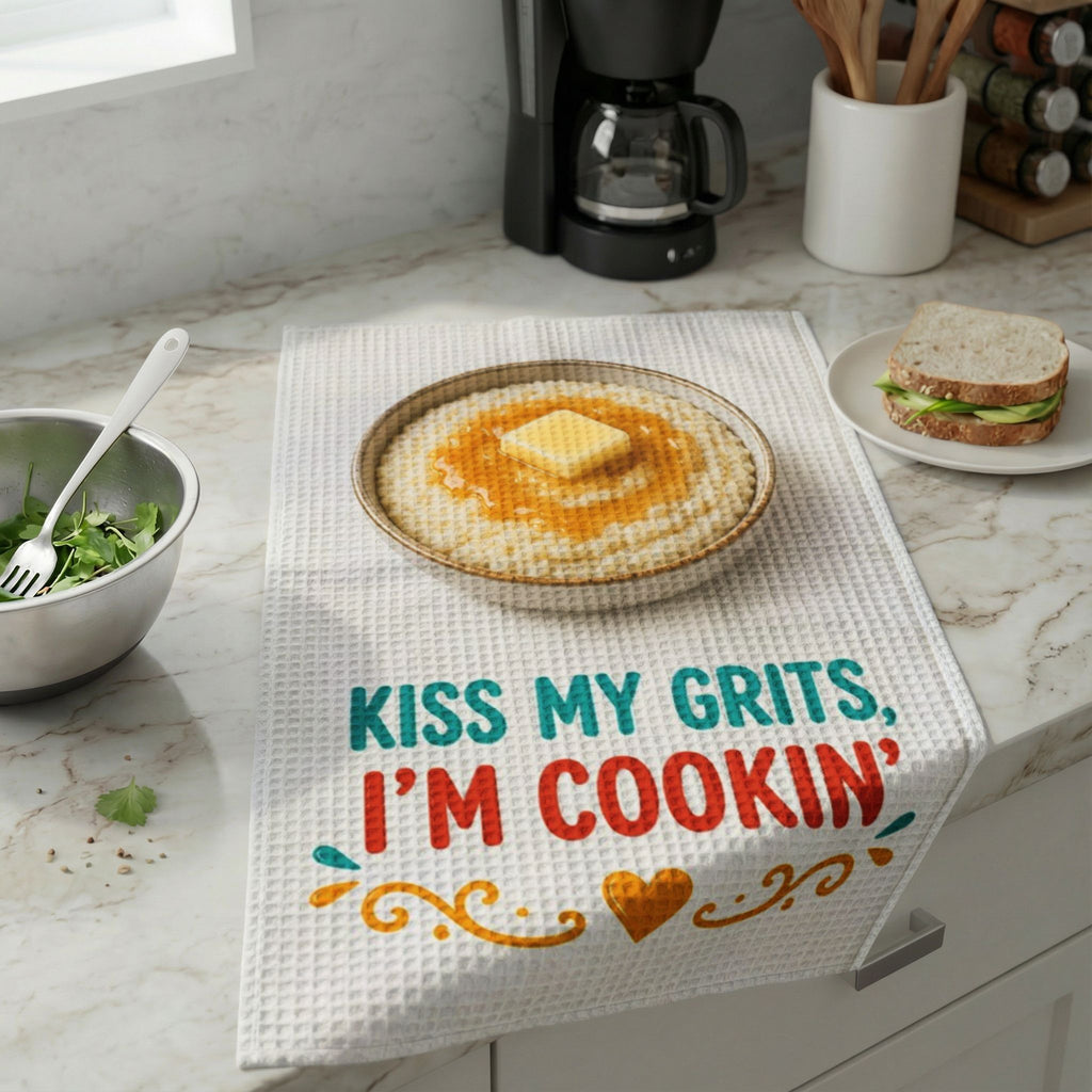 Well Butter My Butt — "Kiss My Grits, I'm Cookin'" Waffle Weave Kitchen Towel
