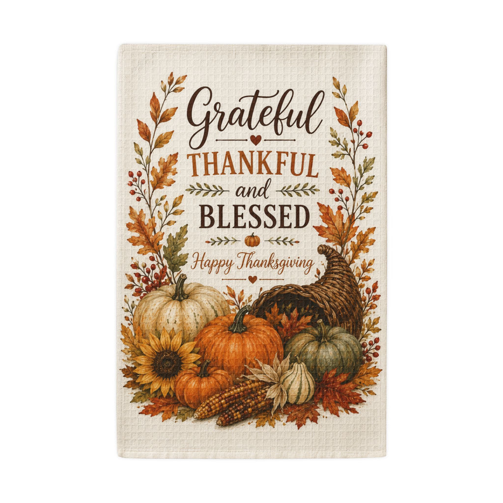 Great Ideas for Special Occasions January - December  - Thanksgiving Waffle Weave Kitchen Towel — "Grateful Thankful and Blessed" Autumn Cornucopia