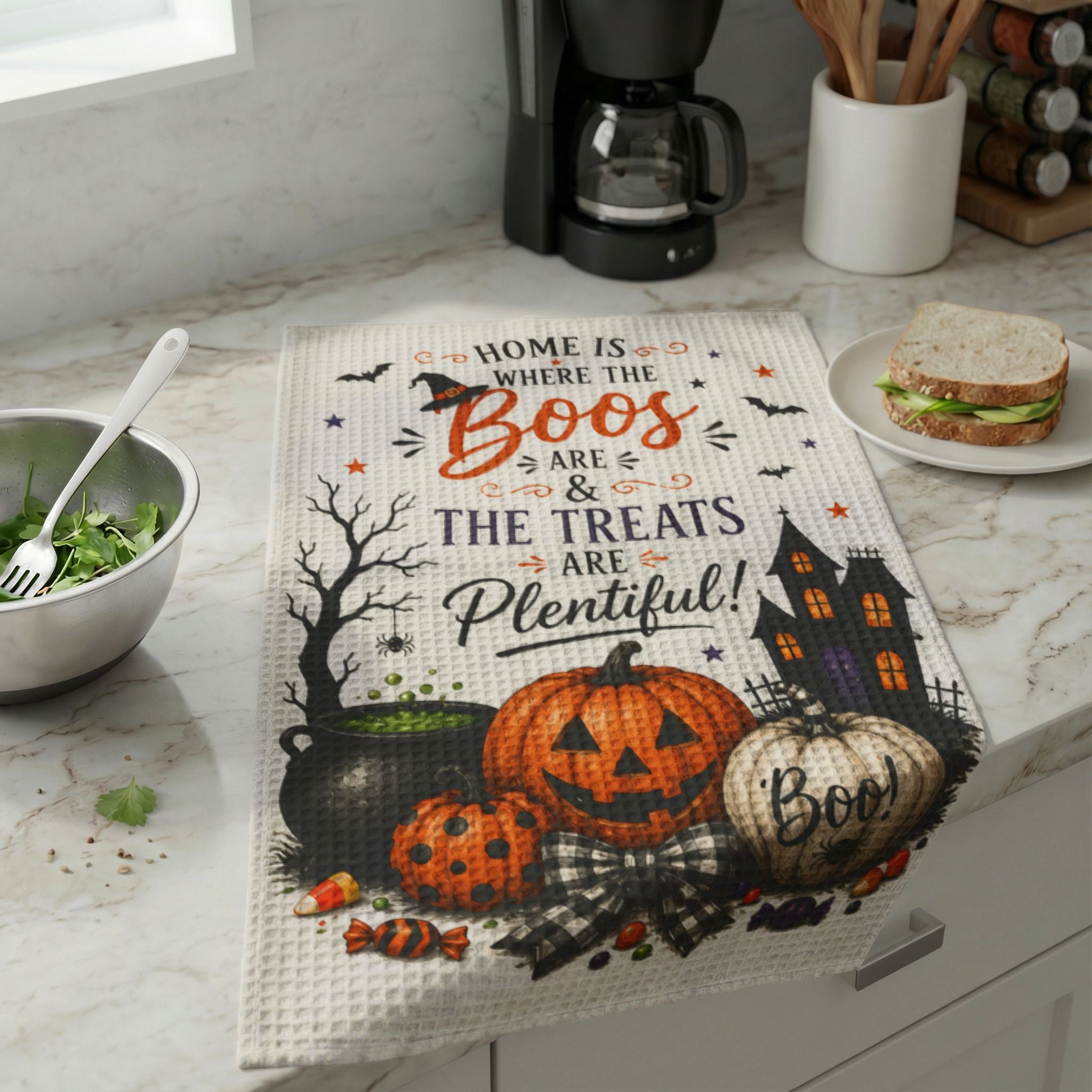Great Ideas for Special Occasions January - December - Halloween Kitchen Towel - "Home is Where the Boos Are & The Treats Are Plentiful" Waffle Weave