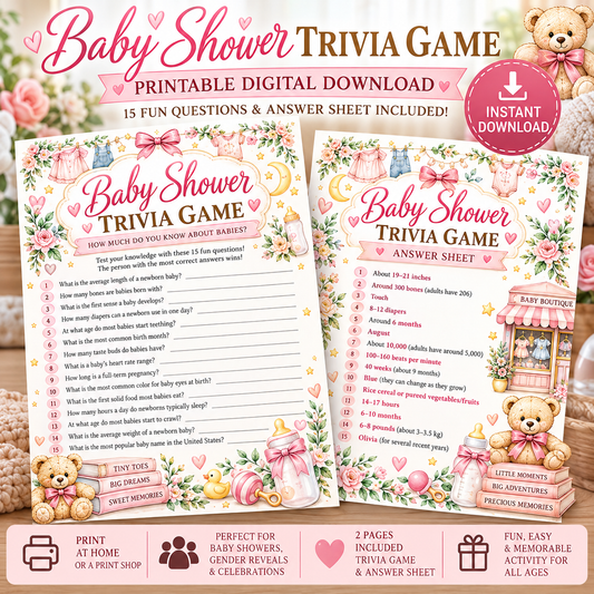 Baby Shower Trivia Game & Answer Sheet – Printable Digital Download
