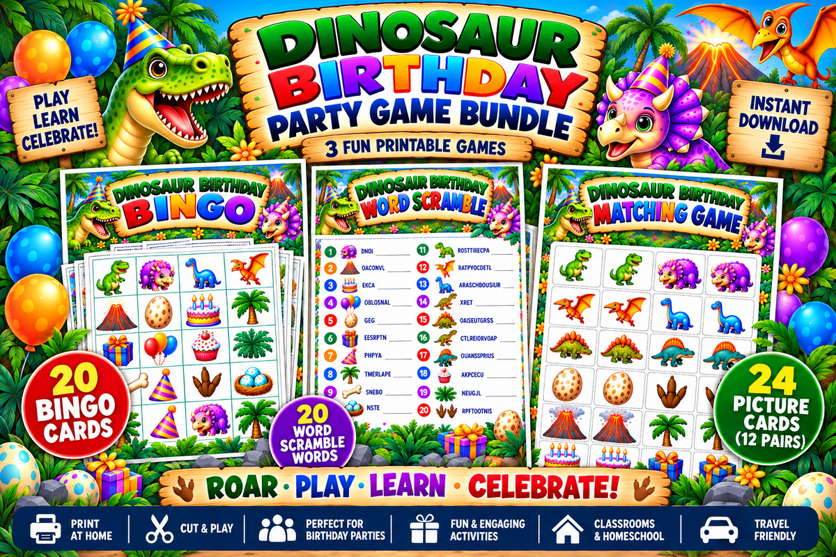 Dinosaur Birthday Party Game Bundle – 3 Printable Games 🦖🎉