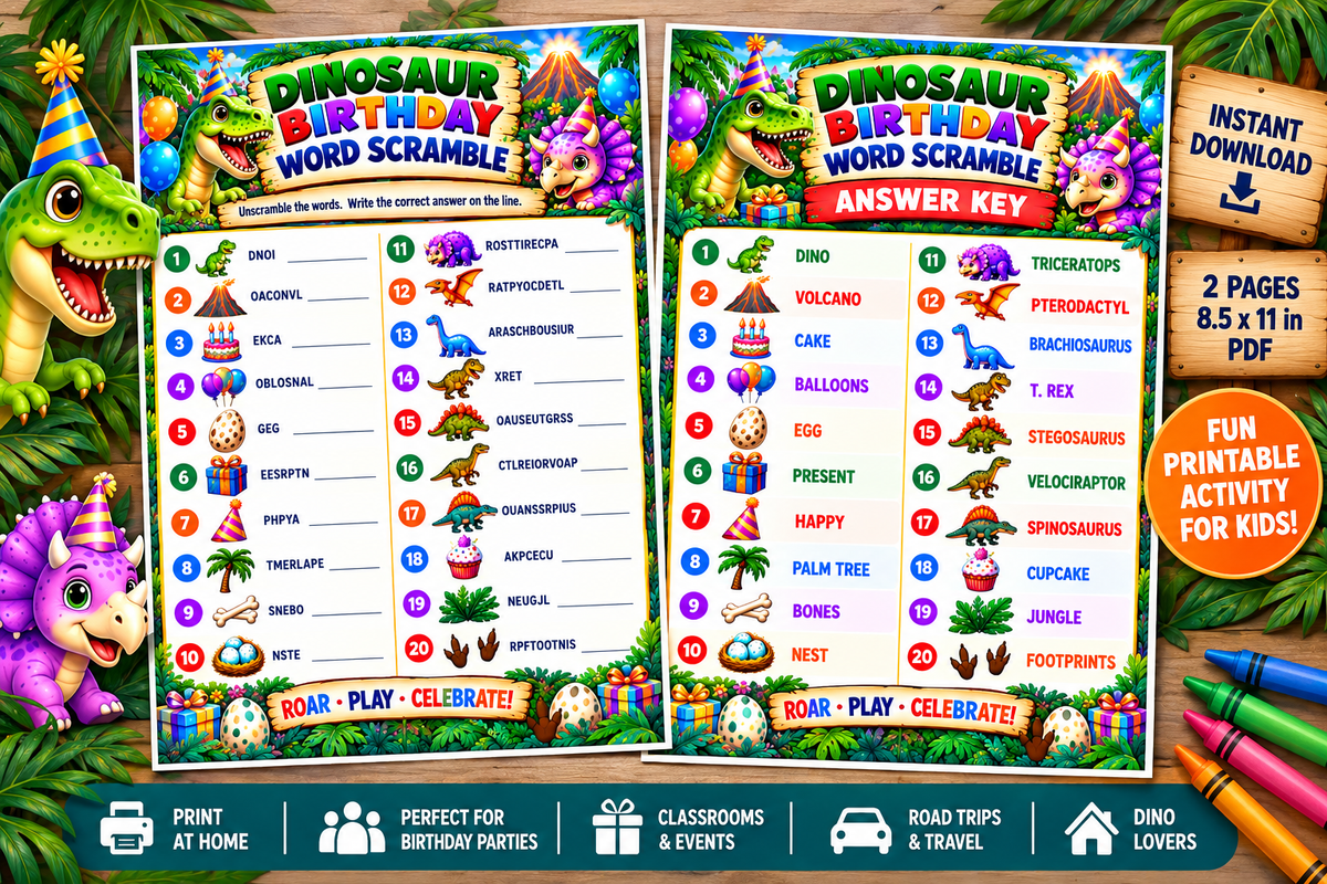 Dinosaur Birthday Word Scramble – Printable Party Game 🦖🎉
